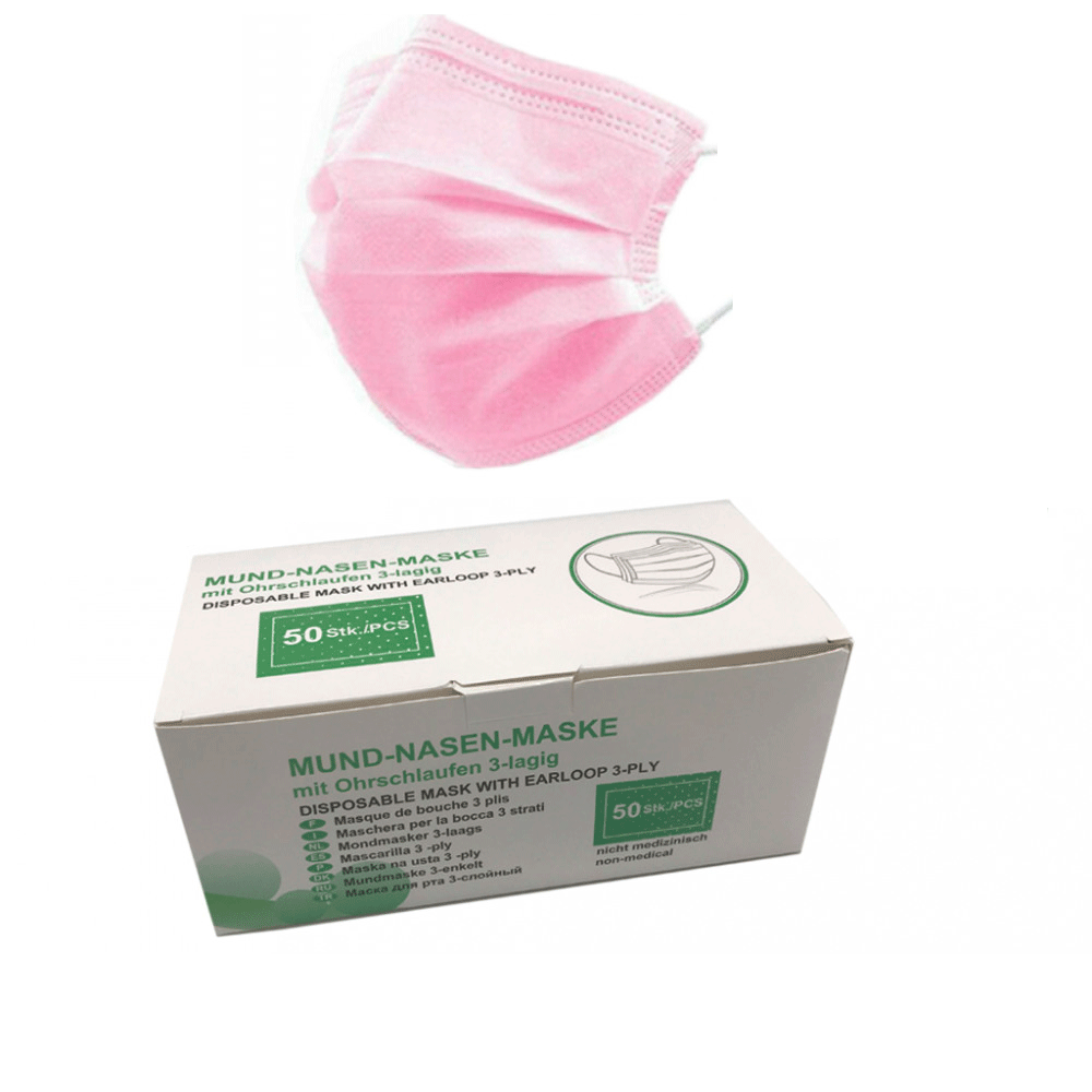 50er Pack Mund Nasen Maske ROSA- 3-lagig- mit Ohrschlaufen (kein Medizinprodukt)