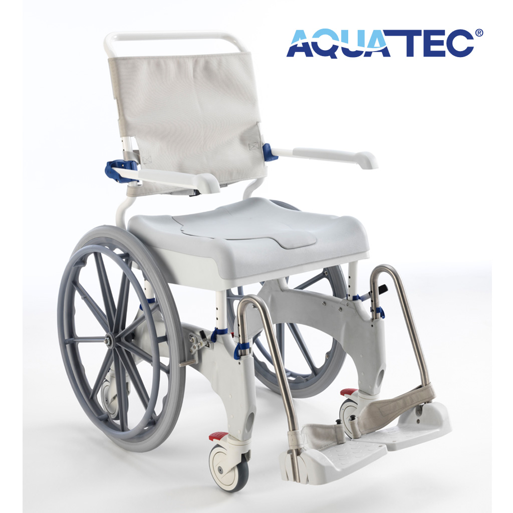 Aquatec Ocean Ergo-24 Dusch- und Toilettenrollstuhl- 24- Räder- Druckbremse Fahrer- Selbstfahrerversion- Feststellbremse Lenkräder- bis 150kg- optional mit Softsitz unter Toilettenstuhl-Duschrollstuhl > Invacare