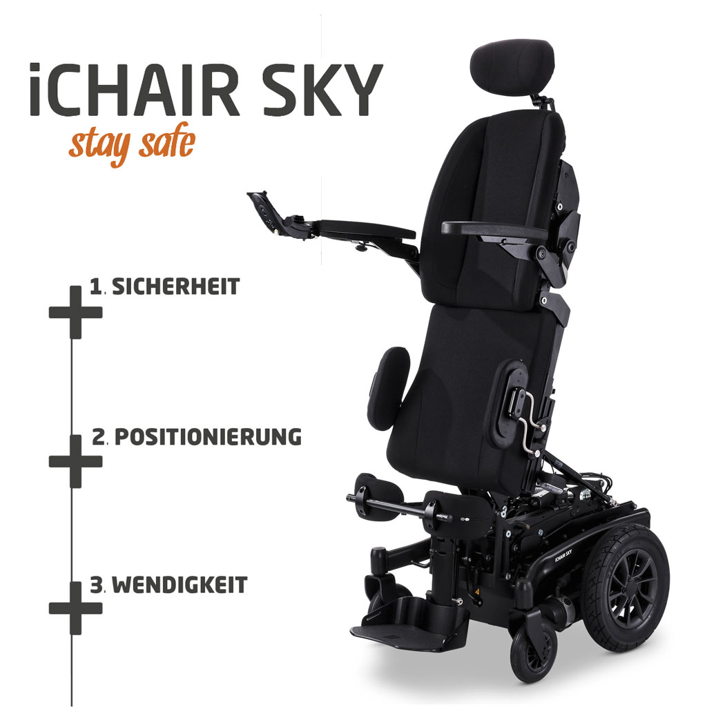 Meyra iChair Sky Elektro-Rollstuhl- Aufstehrollstuhl- Stehfunktion- Liegefunktion- Sitzlift- Sitzkantelung- Rckenverstellung- Memory-Funktion- wendiger Mittelradantrieb- Sitzsystem biomechanisch uvm-