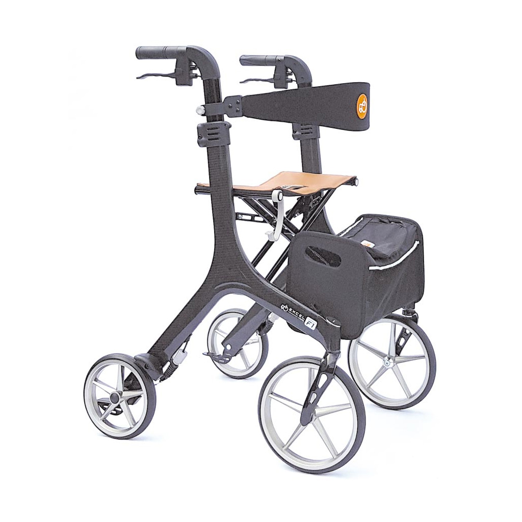 Rollator Carbon F1 mit Echt-Leder Sitz und Einkaufstasche- Grösse S- inkl- Rückengurt- faltbar- Designräder- bis 130 kg belastbar- nur 4-9 kg