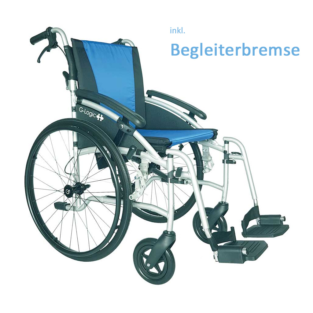 Rollstuhl G-Logic 24- blau- SB 45cm- Begleiterbremse- Gewicht nur 11-5kg- faltbar- der ideale Alu-Reise-Transport-Rollstuhl- Klapprcken- Leer-Transportgewicht nur 7-5kg