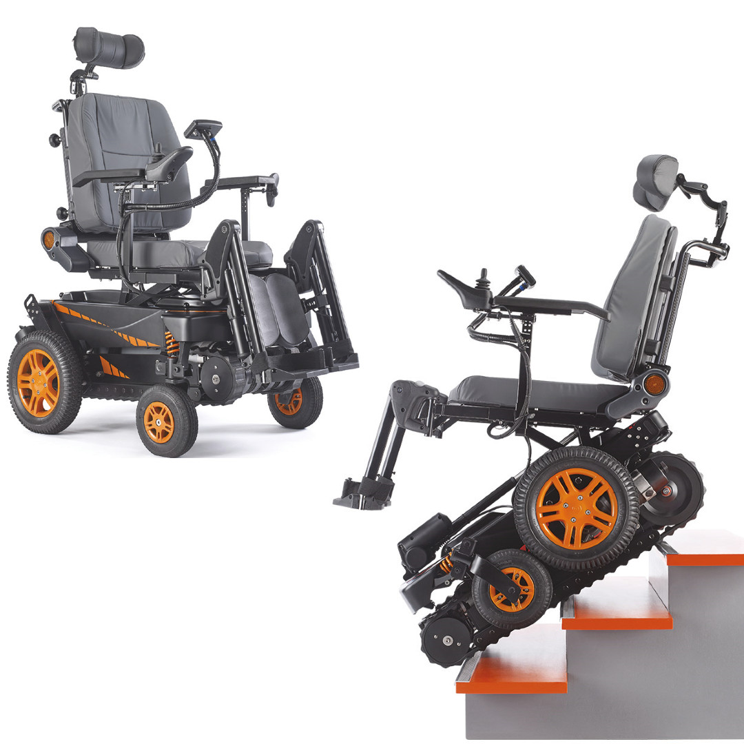Treppensteigender Elektro-Rollstuhl TOPCHAIR- orange- inkl- elektrische Sitzkantelung- Joystick- E-Rollstuhl und Treppensteiger in einem- Probefahrt und Angebot anfordern